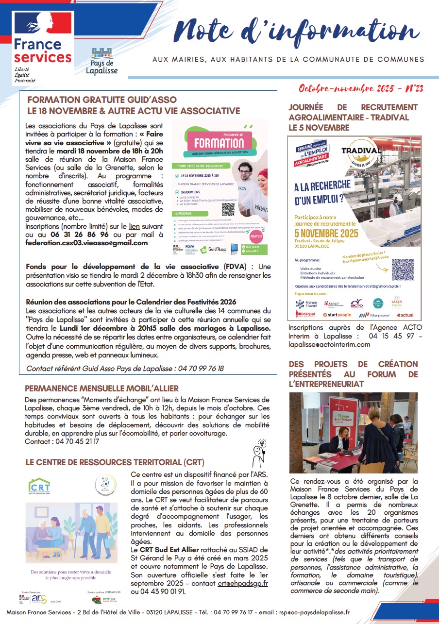 Lettre d'informations 2025 - N°23 Maison France Services Pays de Lapalisse 